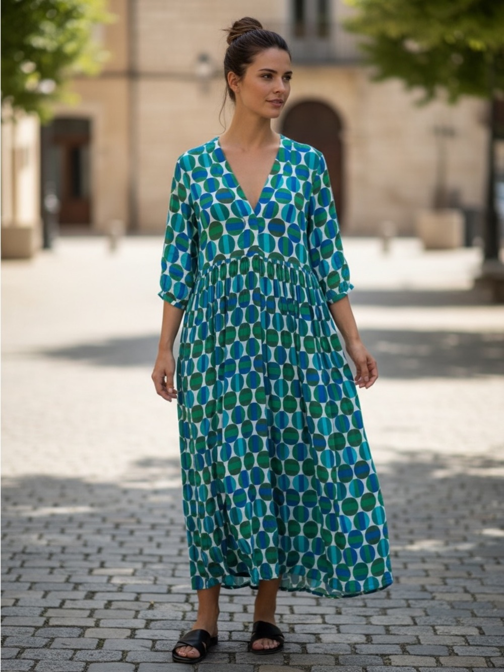 ZARA limited edition 100% cotton bohemian Geo Print V-Neck Midi Dress